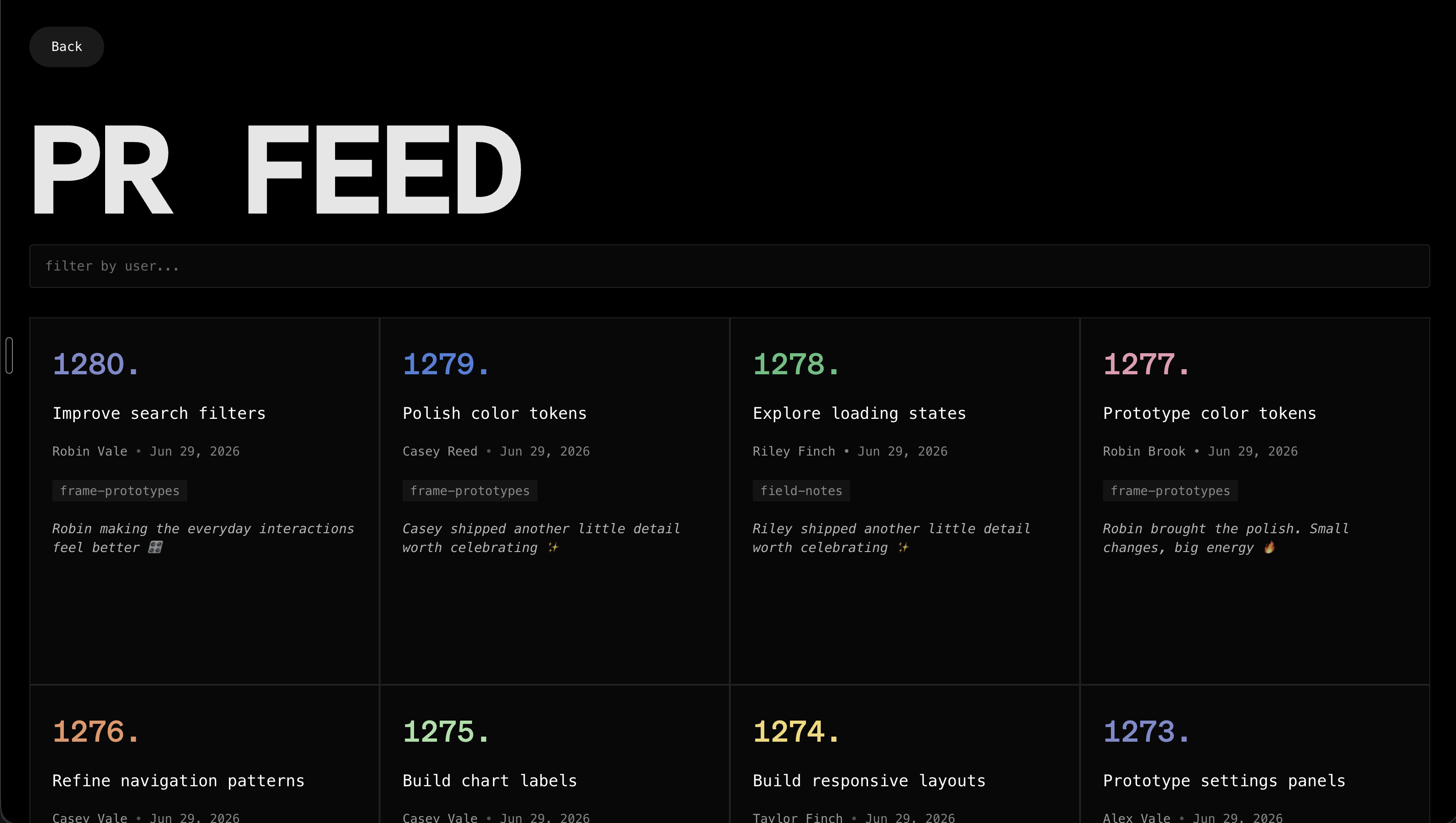 PR feed with a filter by user field. Visible contributions include Improve search filters, Polish color tokens, Explore loading states, and Prototype color tokens.