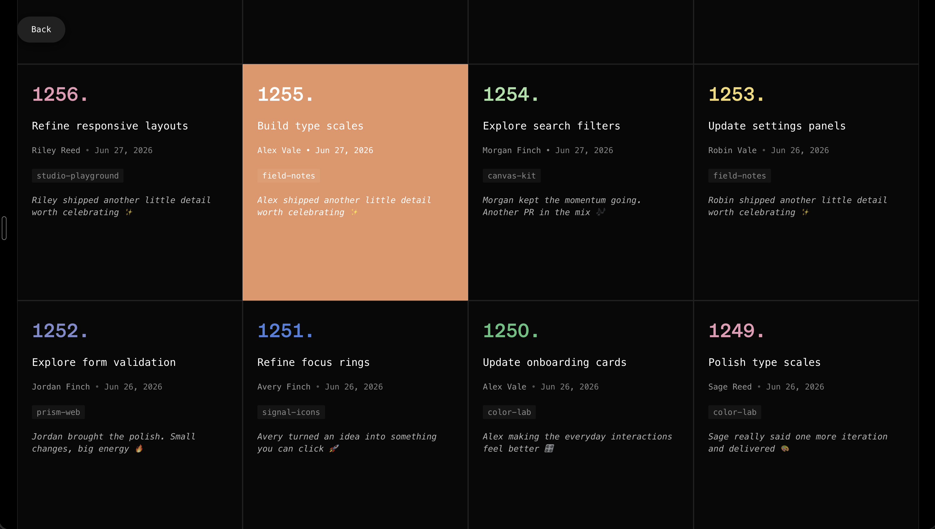PR feed with Build type scales selected in orange among the other contribution cards.